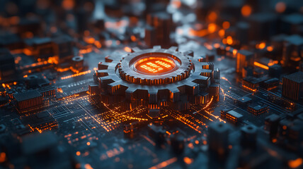 Poster - A computer chip with a glowing red circle on it. The image is of a cityscape with a lot of lights and the computer chip is the center of attention