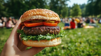 Poster - Bright sunny day with a perfect hamburger in hand at a lively park picnic Stock Photo with side copy space