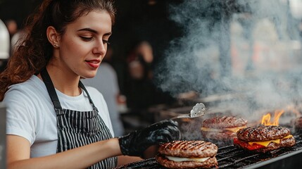 Poster - Lively street food scene where people savor freshly made hamburgers in a colorful setting Stock Photo with side copy space