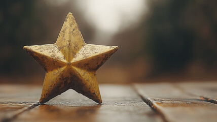 A gold star is sitting on a wooden table. The star is shiny and has a lot of glitter on it. The table is made of wood and has a natural, warm tone. The scene is simple and elegant