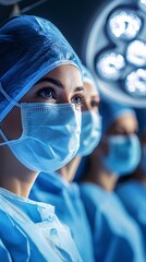 Poster - Hospital team in scrubs standing together in a bright and sterile operating room Stock Photo with side copy space