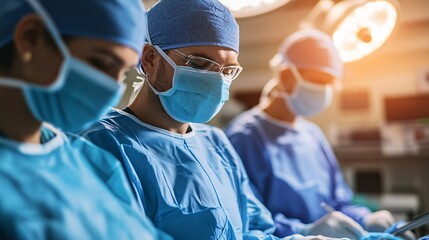 Poster - Surgeons preparing for a procedure in a well-lit operating room surrounded by high-tech equipment Stock Photo with side copy space