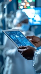 Poster - Medical team in a hospital setting discussing treatment plans using digital tablets Stock Photo with side copy space