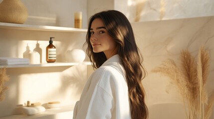 Poster - A woman with long, flowing hair stands confidently in a cozy robe, surrounded by warm, natural light and minimalist decor, creating a calm and inviting atmosphere in her space.