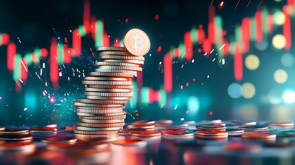 A visually striking representation of stacked coins featuring Bitcoin, with a colorful trading chart in the background illustrating market trends and fluctuations.