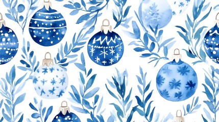 Watercolor blue and white christmas ornament pattern with greenery, white background