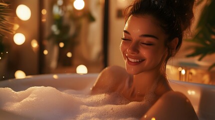 Poster - A young woman enjoys a peaceful moment in a bubble bath, surrounded by warm, ambient lighting and lush greenery. Her cheerful smile reflects her tranquility and contentment in this calming setting.