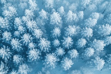 Aerial view of a frozen forest covered by fog during winter