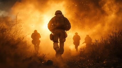 Silhouetted troops running through smoke during a night battle, the only light coming from distant explosions