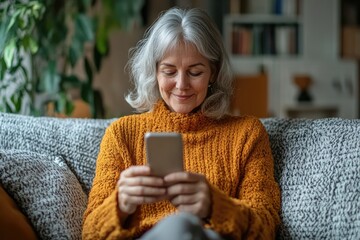 Beautiful senior woman using smartphone at home on sofa