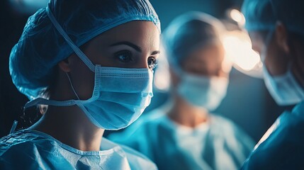 Aufkleber - Medical team preparing for surgery in a sterile brightly lit operating room Stock Photo with side copy space