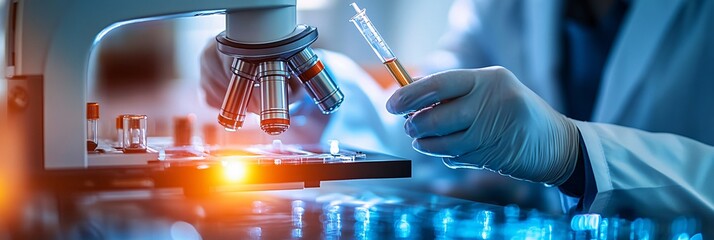 Poster - Medical team conducting research in a modern hospital laboratory with advanced equipment Stock Photo with side copy space