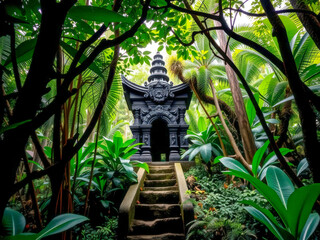 Wall Mural - A small black building with a black roof is surrounded by a lush green jungle. The building is surrounded by a path of steps leading up to it. The jungle is full of trees and plants, creating a serene