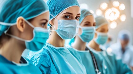 Poster - Surgeons in a brightly lit operating room performing a procedure with advanced technology Stock Photo with side copy space