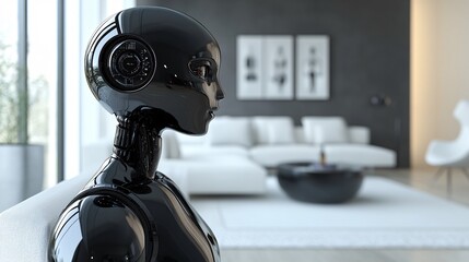 Poster - Humanoid assistant with a sleek design standing in a futuristic home environment Stock Photo with side copy space