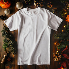 Mockup of a white t-shirt lying on the cosy holiday table.  white t-shirt lying on the home table. Mockup of a white t-shirt lying on holiday bed. White t-shirt lying on the cosy home bed.