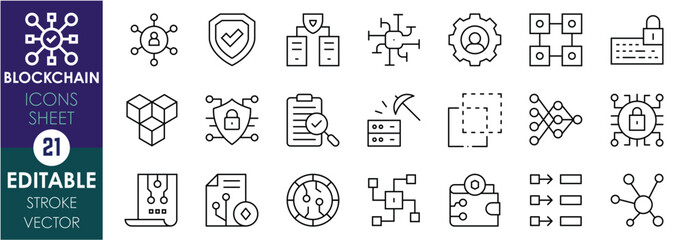 Leinwandbilder - A set of line icons related to Blockchain. Decentralization, cryptocurrency, ledger, security, smart contracts, transparency, and so on. Vector editable stroke