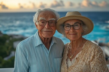 An elderly couple stands together, enjoying each other\'s company, with a vibrant sunset in the background