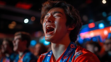 Poster - A young fan expresses pure joy and excitement after a thrilling victory at an esports event, surrounded by an energized crowd in colorful lights.