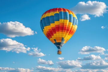 A vibrant hot air balloon gliding over a serene landscape under a bright blue sky