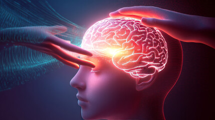 A 3D illustration of a hand touching a digital head featuring a brain, highlighting themes of science and futurism.



