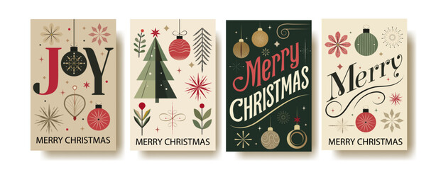 Modern Vintage Christmas Card Set – Elegant Vector Illustrations with Ornaments, Festive Typography, and Holiday Decor in Retro Style. Perfect for Seasonal Greeting Cards, Invitations, and Decor