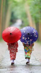 Two girls in colorful kimonos walk along a serene path, each holding a decorative umbrella, embodying traditional beauty and tranquility.