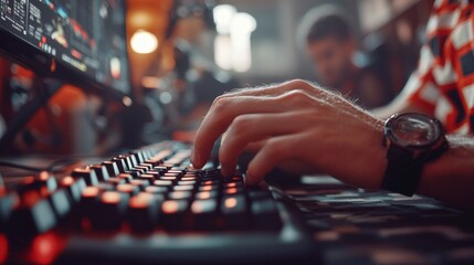 Aufkleber - A focused individual types rapidly on a mechanical keyboard, immersed in a competitive online game. The soft glow of screens and ambient lighting sets a relaxed yet intense atmosphere.