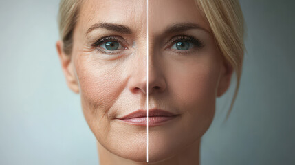 a middle-aged woman's face is split in half, showcasing the differences between aging signs and reju