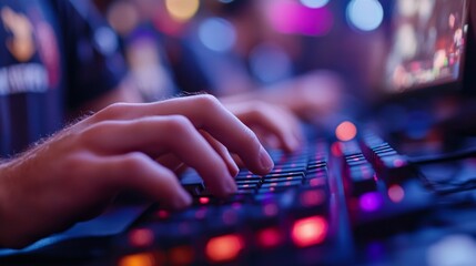 Poster - A dedicated gamer intently types on a sleek mechanical keyboard, surrounded by colorful lights and excitement in a bustling esports arena at night, showcasing an intense competition.