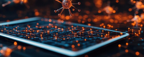 3D-rendered neurons floating above a digital tablet, scientist analyzing the connections, biomedicine and neuroscience concept