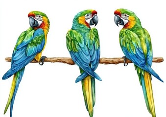 Wall Mural - Three Watercolor Macaws Perched on Branch, tropical, bird ,bird, parrot