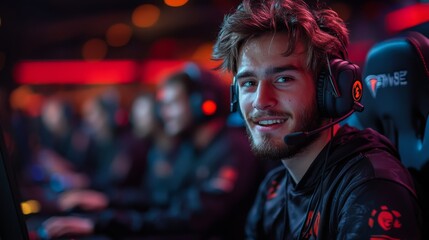 Poster - A focused gamer displays excitement and confidence while playing in an esports tournament, surrounded by teammates in a lively, illuminated arena setting.