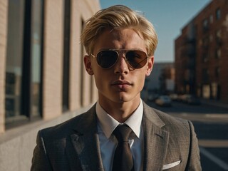 Young blond man in a stylish suit and sunglasses stands confidently on a city street during the golden hour.