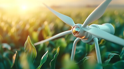 wind turbine stands amidst lush green crops, symbolizing harmony between renewable energy and agriculture. sunlight casts warm glow, enhancing serene landscape