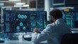 © ImagePulse - Advanced lab with virtual interface showing mutation of pathogens, researcher examining data streams, neon blue and green elements