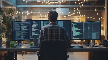 Poster - A Programmer Working Late at Night Surrounded by Multiple Monitors