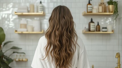 Poster - A person stands with their back to the camera, showcasing long, wavy hair in a chic bathroom. Shelves display elegant bottles and decor, creating a serene and modern atmosphere.