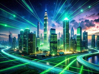 Poster - Glowing Green Data Points Cityscape - Futuristic Urban Environment Visualization