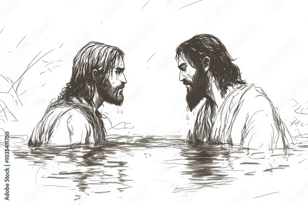 Continuous one line drawing of Jesus is baptized by John the Baptist in ...