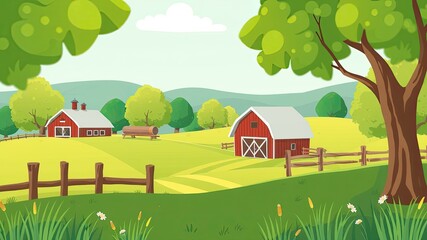 Charming Cartoon Farm with Red Barn and Country Landscape