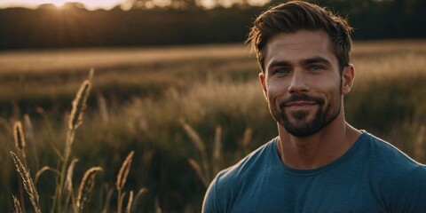 A confident young man enjoying a golden sunset in a serene open field surrounded by tall grass and nature's beauty.