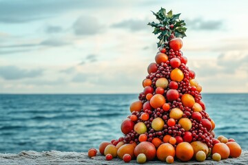 Creative Christmas tree made of fruits and berries against the backdrop of the sea, copy space. Concept: festive celebrations, New Year, edible Christmas trees, vegan food 