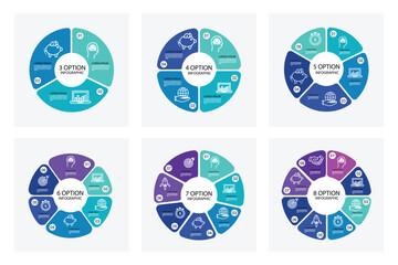 Fototapete - Set of pie chart circle infographic templates with 3-8 options.