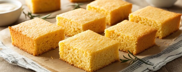 Wall Mural - Fresh homemade cornbread squares on parchment paper with rosemary garnish