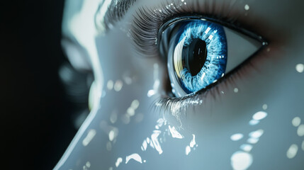 Extreme close-up of a blue eye on a female humanoid robot with shiny white plastic skin, set against a dark background. 3D illustration