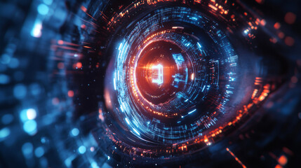Cyber circuit design featuring an eye, representing a future technology concept background