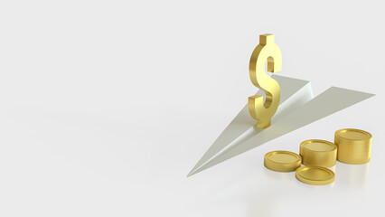 The Gold Dollar symbol  on  paper plane for Business concept 3d rendering..