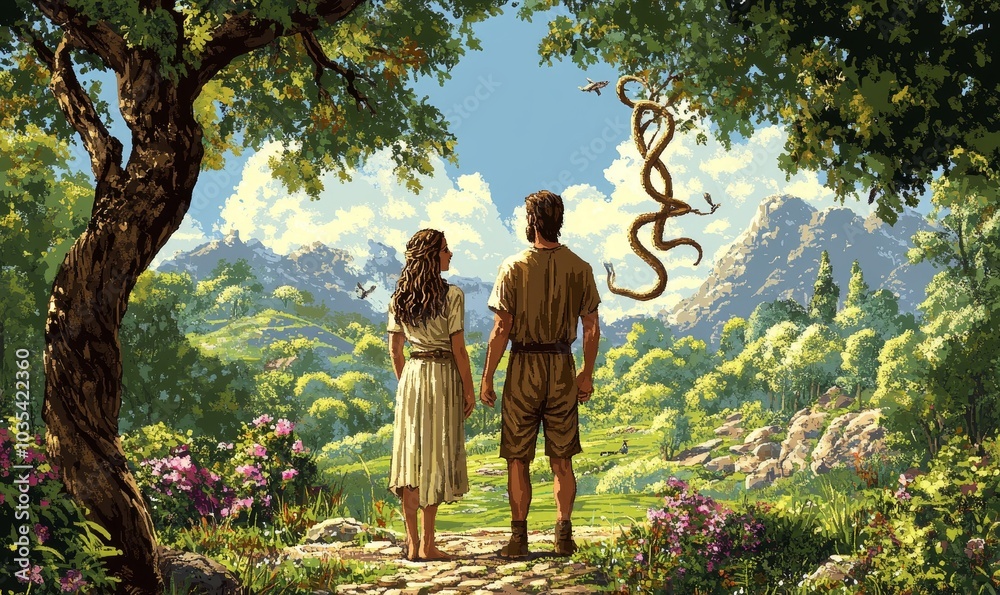 Adam and Eve in the garden of Eden. Digital illustration. Man and woman ...