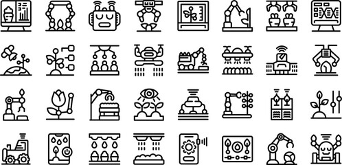Poster - Robot harvests icons set. This set of icons showcases the integration of cutting edge technology in agriculture, highlighting the potential of smart farming practices